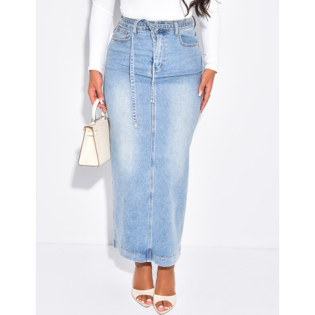 High-waisted, long denim skirt with drawstring waistband