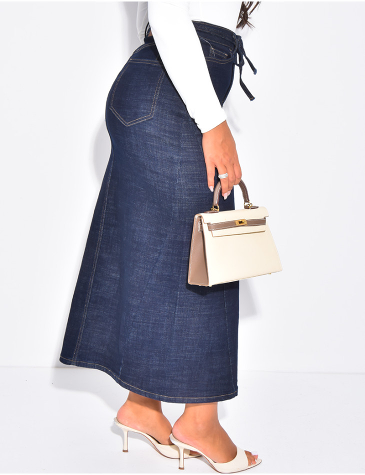 High-waisted, long denim skirt with drawstring waistband