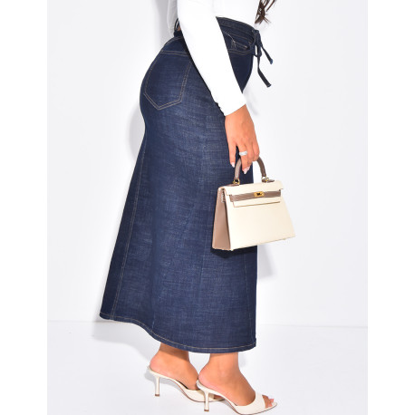 High-waisted, long denim skirt with drawstring waistband