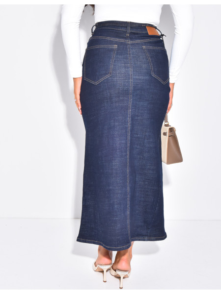 High-waisted, long denim skirt with drawstring waistband
