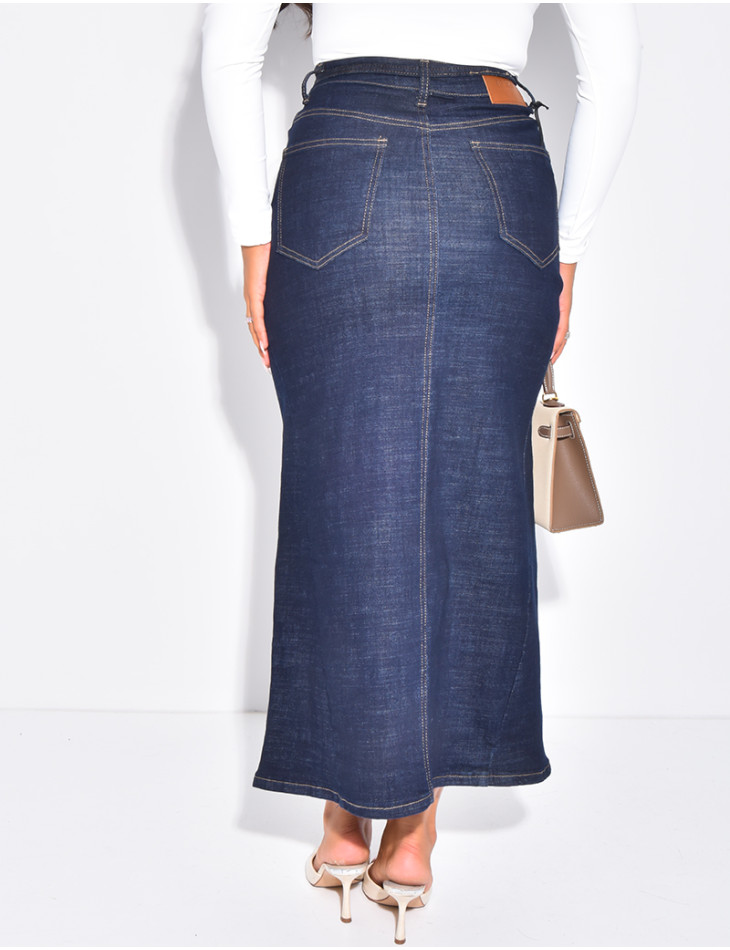 High-waisted, long denim skirt with drawstring waistband