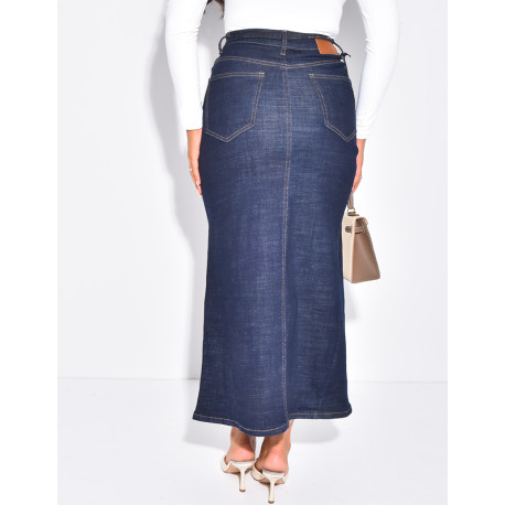 High-waisted, long denim skirt with drawstring waistband
