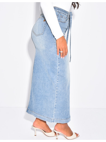 High-waisted, long denim skirt with drawstring waistband