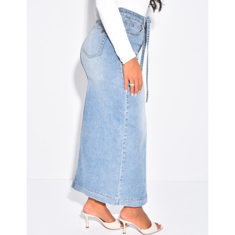 High-waisted, long denim skirt with drawstring waistband