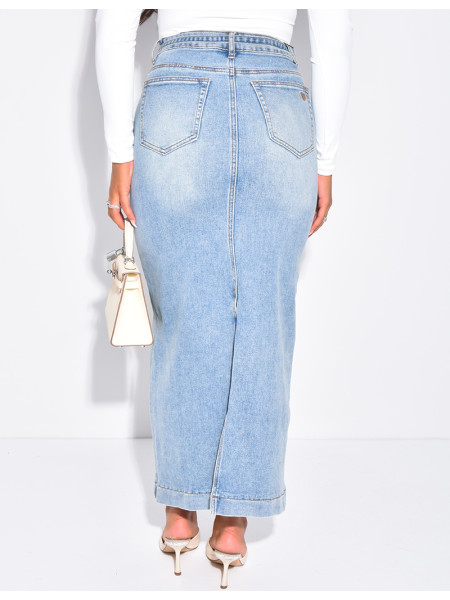 High-waisted, long denim skirt with drawstring waistband