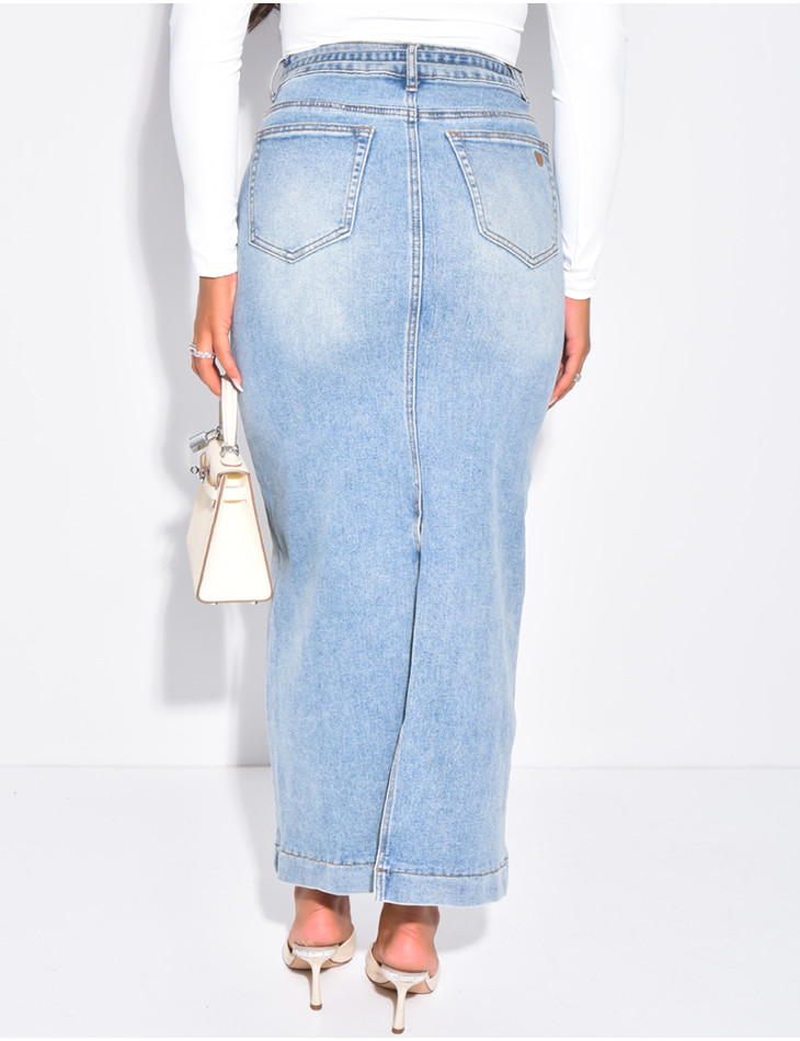 High-waisted, long denim skirt with drawstring waistband