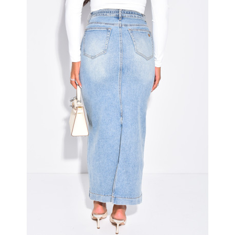 High-waisted, long denim skirt with drawstring waistband