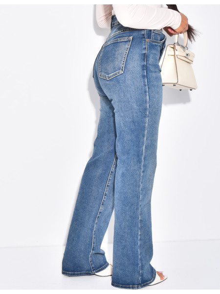 Jeans coupe droite stretchy à boutonnière croisée