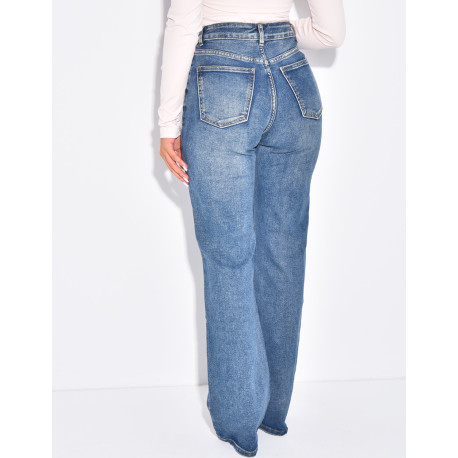 Jeans coupe droite stretchy à boutonnière croisée