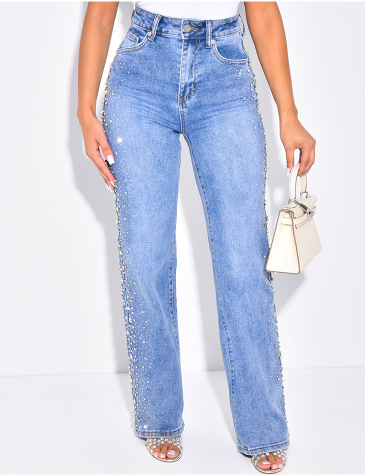 Jeans droit délavé à strass & cristaux