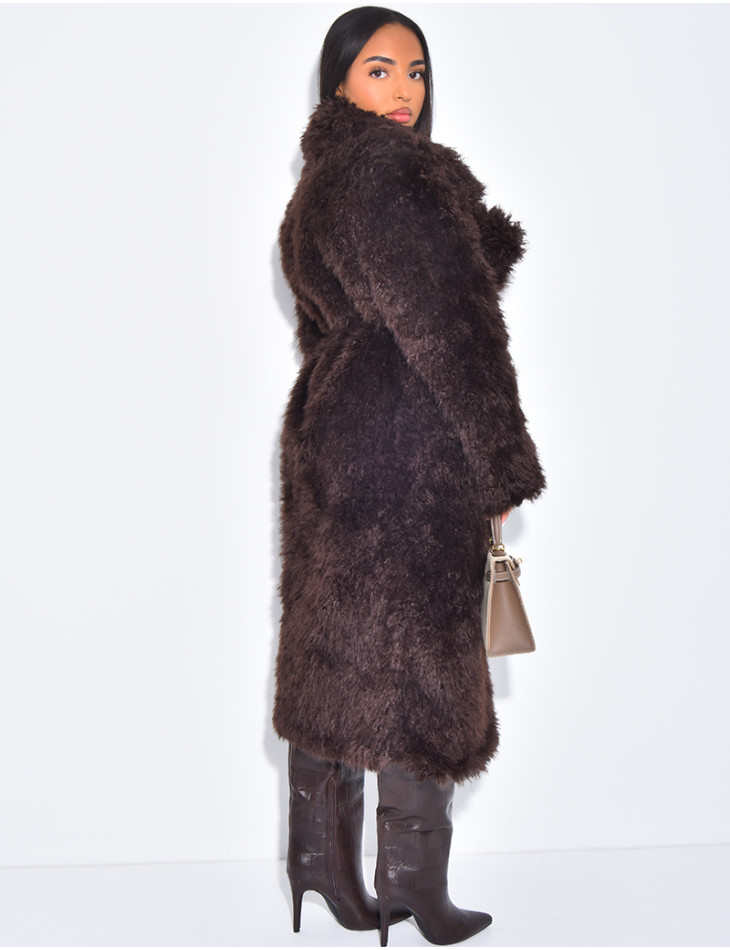 Manteau long en fourrure fluffy à ceinture