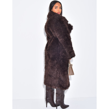 Manteau long en fourrure fluffy à ceinture
