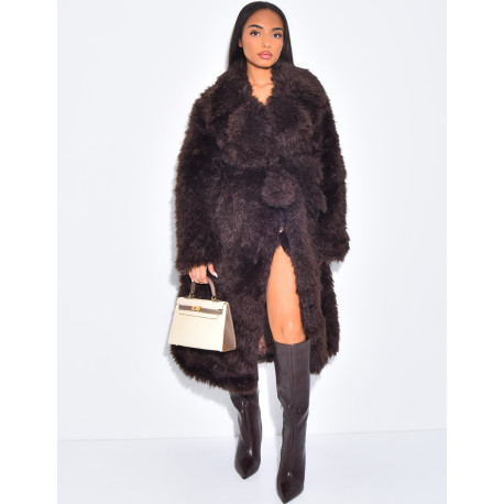 Manteau long en fourrure fluffy à ceinture