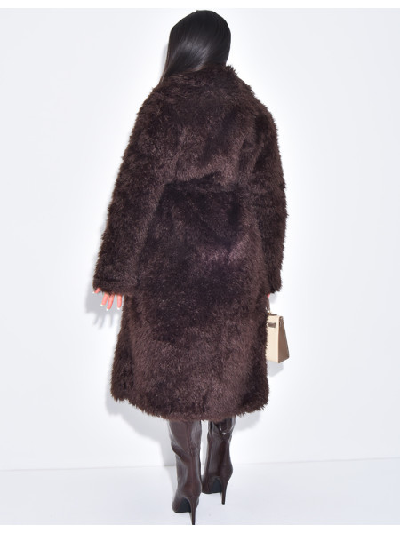 Manteau long en fourrure fluffy à ceinture