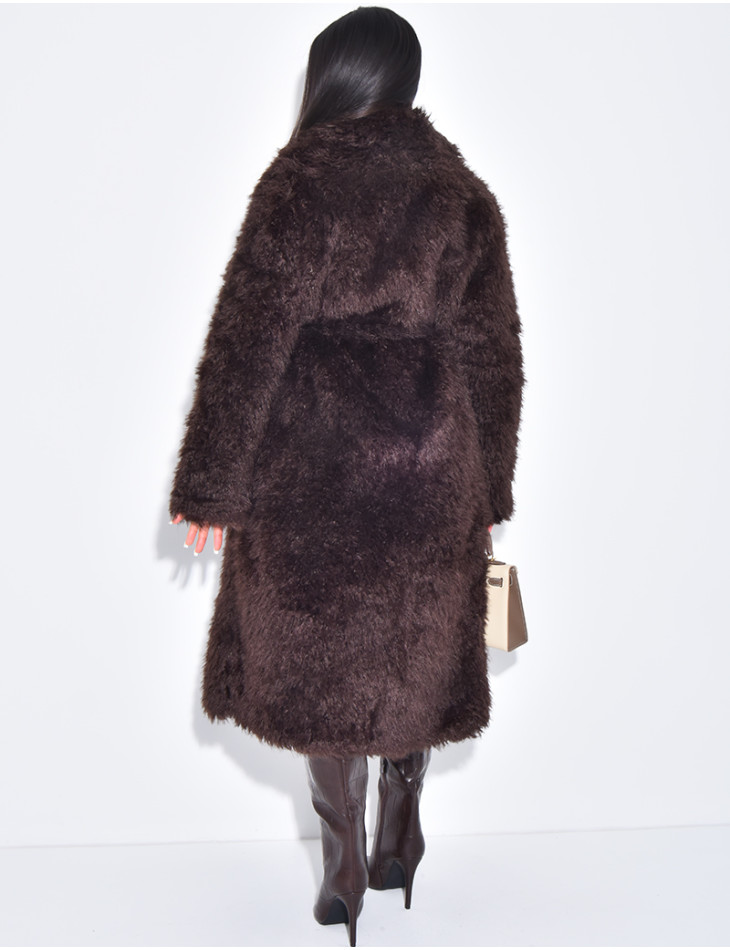 Manteau long en fourrure fluffy à ceinture