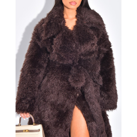 Manteau long en fourrure fluffy à ceinture