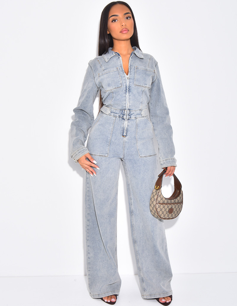 Denim jumpsuit with wide,...
