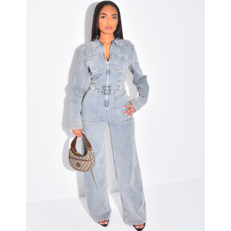 Denim jumpsuit with wide, cinched waistband