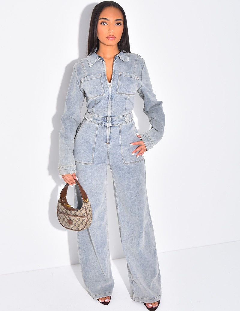 Denim jumpsuit with wide,...