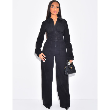 Wide-leg denim jumpsuit with cinched waistband