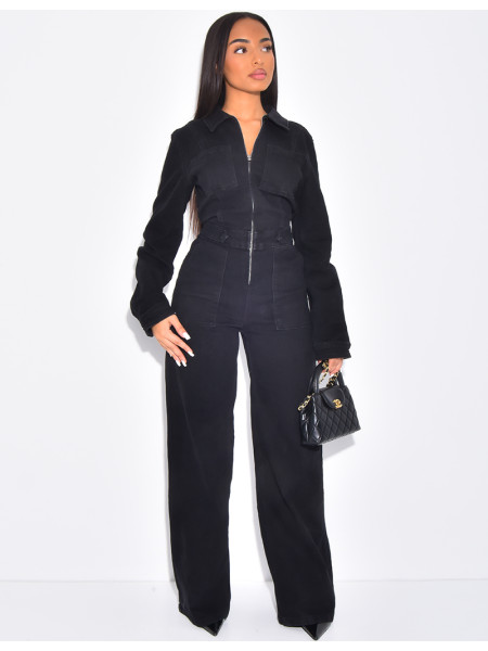 Wide-leg denim jumpsuit with cinched waistband