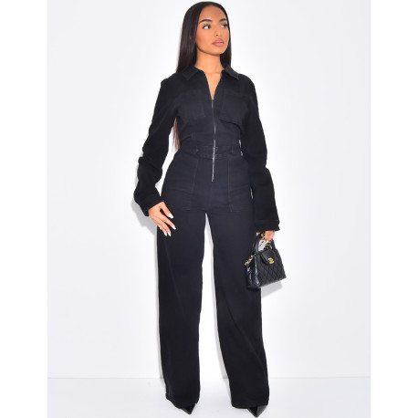 Wide-leg denim jumpsuit with cinched waistband