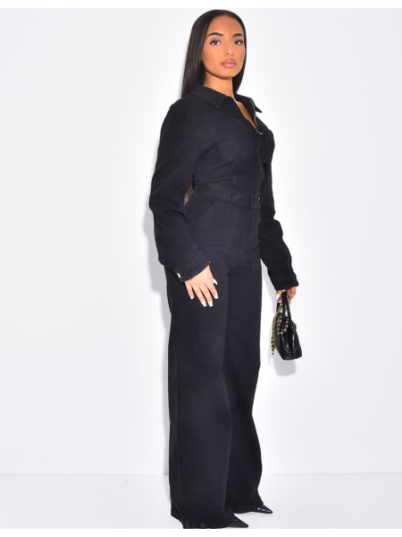 Wide-leg denim jumpsuit with cinched waistband