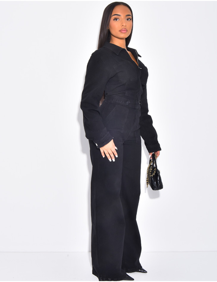 Wide-leg denim jumpsuit with cinched waistband