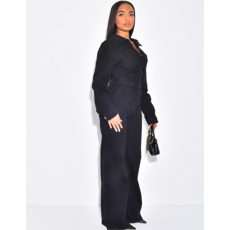 Wide-leg denim jumpsuit with cinched waistband