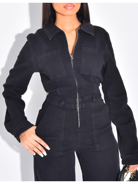 Wide-leg denim jumpsuit with cinched waistband