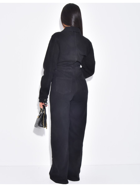 Wide-leg denim jumpsuit with cinched waistband