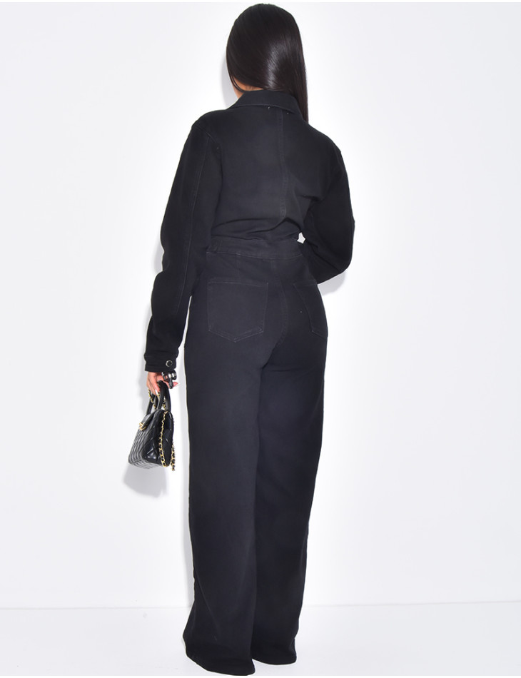 Wide-leg denim jumpsuit with cinched waistband