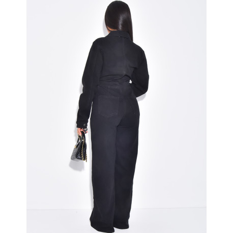 Wide-leg denim jumpsuit with cinched waistband