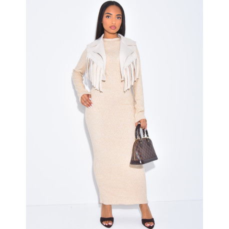 Ensemble robe côtelée moulante et boléro à franges