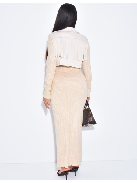 Ensemble robe côtelée moulante et boléro à franges
