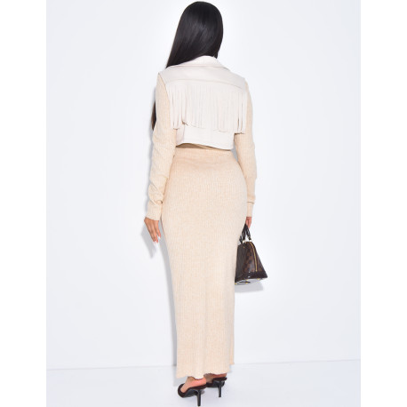 Ensemble robe côtelée moulante et boléro à franges