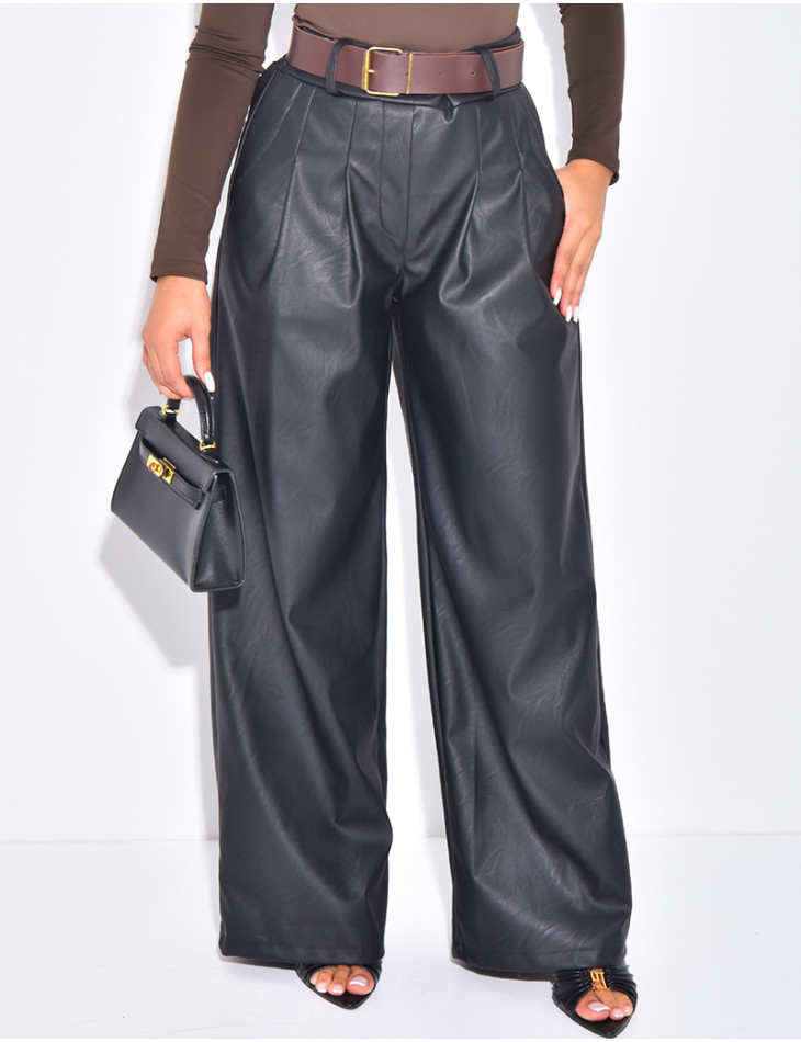 Pantalon taille haute en similicuir à ceinture marron