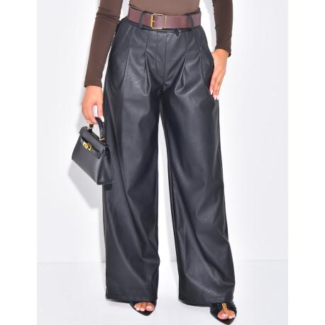 Pantalon taille haute en similicuir à ceinture marron