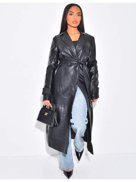 Langer Trenchcoat aus veganem Leder