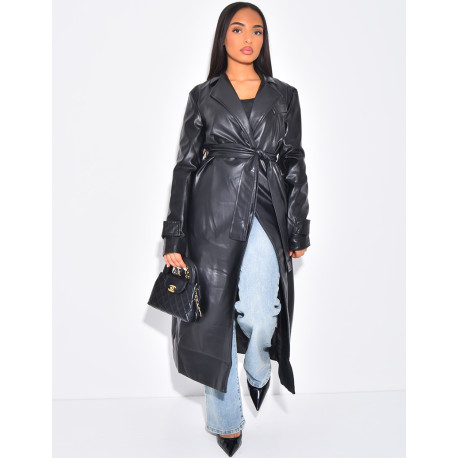 Long vegan leather trench coat