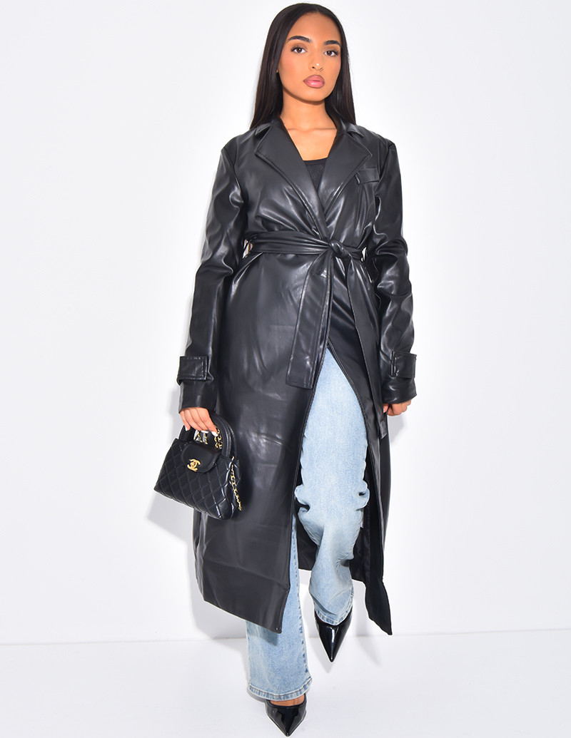 Long vegan leather trench coat