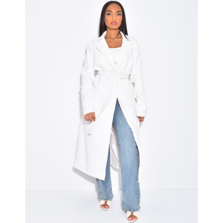 Long vegan leather trench coat