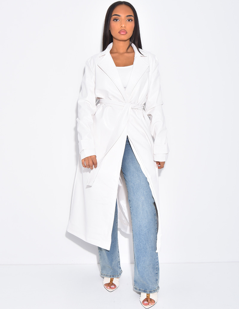 Long vegan leather trench coat