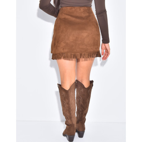Jupe courte en suédine cloutée à franges