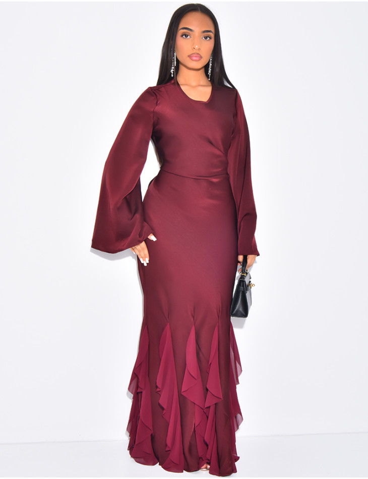 Very long dress in premium satin with ruffles