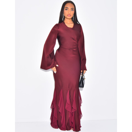 Very long dress in premium satin with ruffles