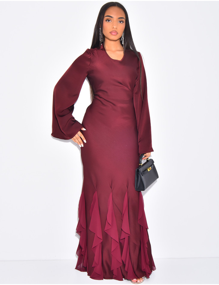 Robe très longue en satin premium à volants