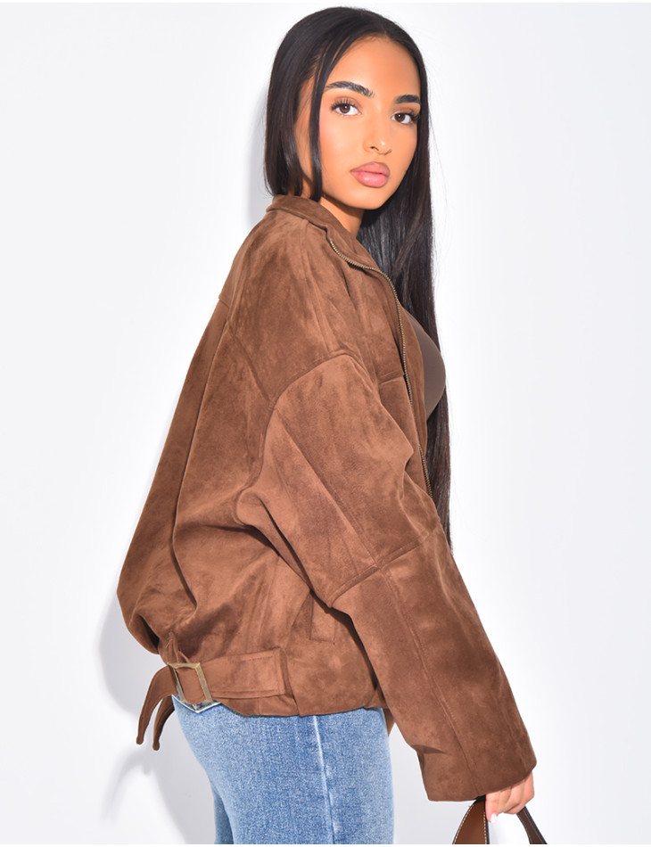 Veste De Motard En Suédine Pour Femme - Courte, Style Daim, Poches Zippées, Coupe Décontractée