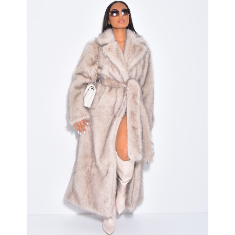 Oversized premium faux fur coat with belt