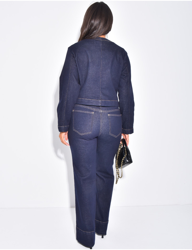 Ensemble en jeans stretch veste courte et pantalon droit